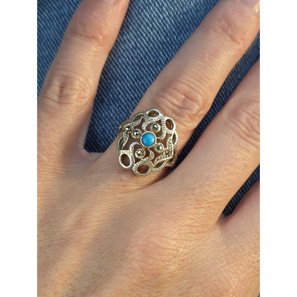 Vintage Filigree Turquoise And Marcasite Oval Sterling .925 Ring. Boho. 7